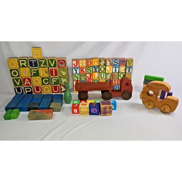 Vintage Letter Character Wood Block Truck Car Lot 110 Blocks 2 Cars Raggedy Ann - Picture 2 of 16